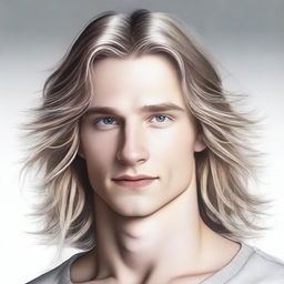 A high-quality digital art image showcasing a youthful white man in his 20s, characterized by his long, flowing hair