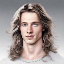 A high-quality digital art image showcasing a youthful white man in his 20s, characterized by his long, flowing hair