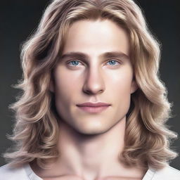 A high-quality digital art image showcasing a youthful white man in his 20s, characterized by his long, flowing hair