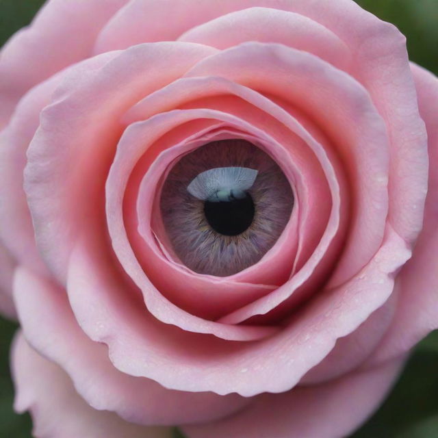 A detailed human eye that prominently reflects a charming pink rose in its glossy surface.