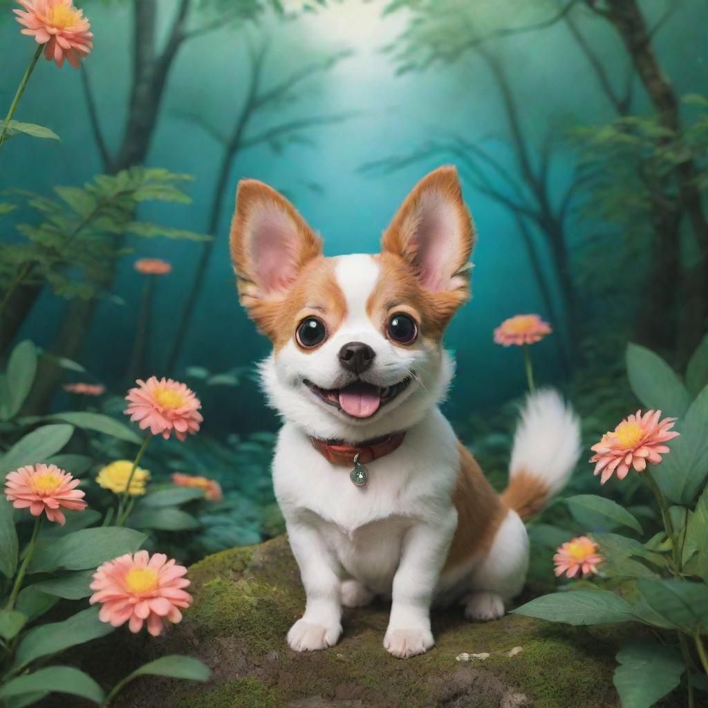 Studio Ghibli styled dog, expressive and adorable, set in a whimsical, lush, fantasy world.