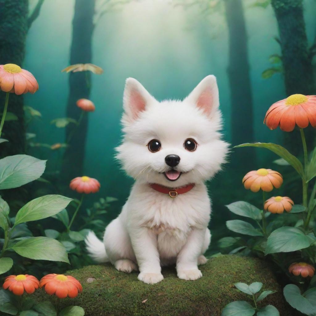 Studio Ghibli styled dog, expressive and adorable, set in a whimsical, lush, fantasy world.