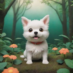 Studio Ghibli styled dog, expressive and adorable, set in a whimsical, lush, fantasy world.