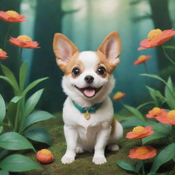 Studio Ghibli styled dog, expressive and adorable, set in a whimsical, lush, fantasy world.