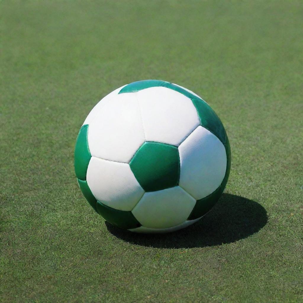 A perfectly round, vibrant soccer ball on a lush green playing field under a bright, clear sky.