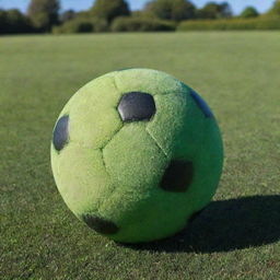 A perfectly round, vibrant soccer ball on a lush green playing field under a bright, clear sky.