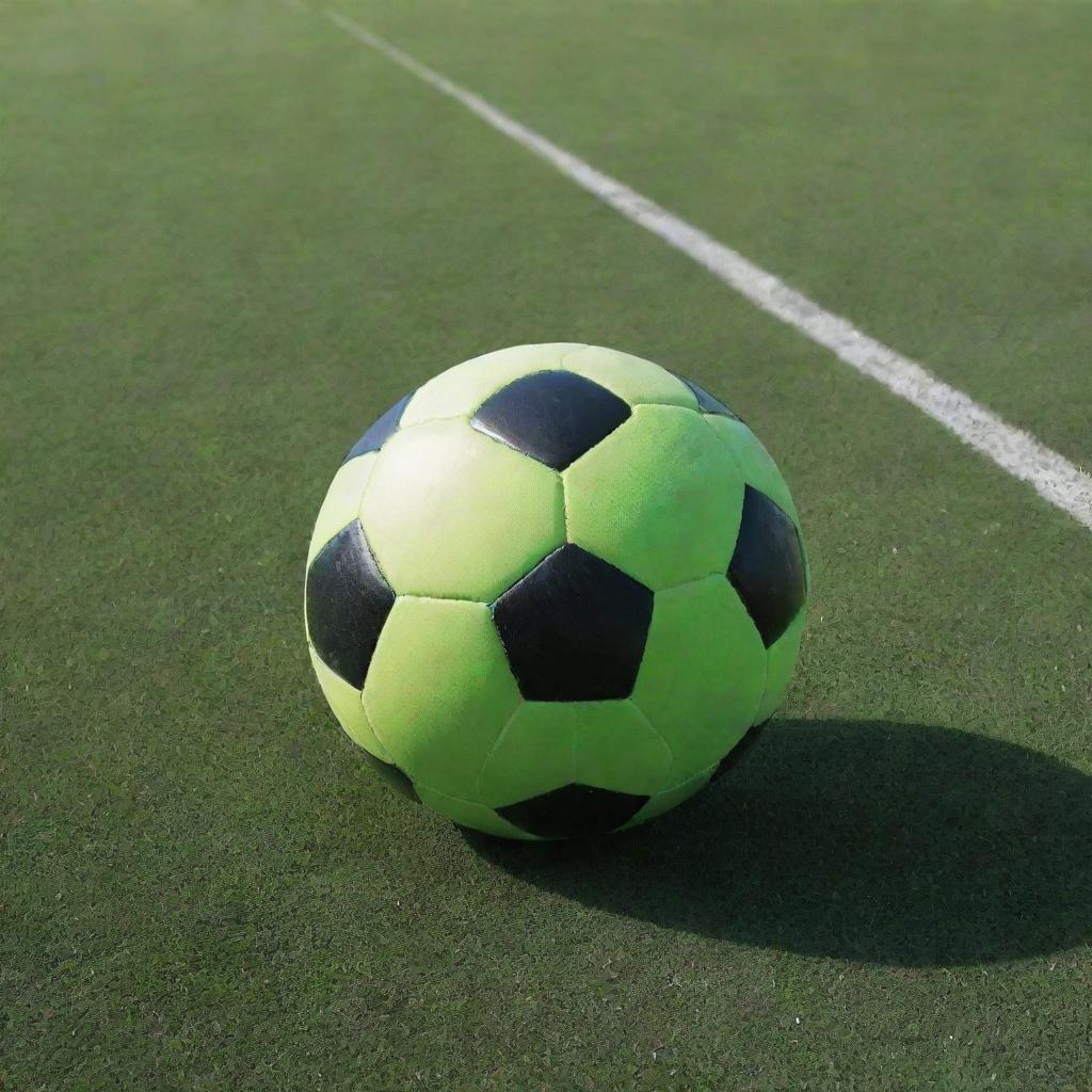 A perfectly round, vibrant soccer ball on a lush green playing field under a bright, clear sky.