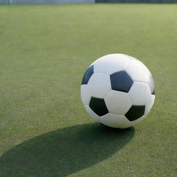 A perfectly round, vibrant soccer ball on a lush green playing field under a bright, clear sky.