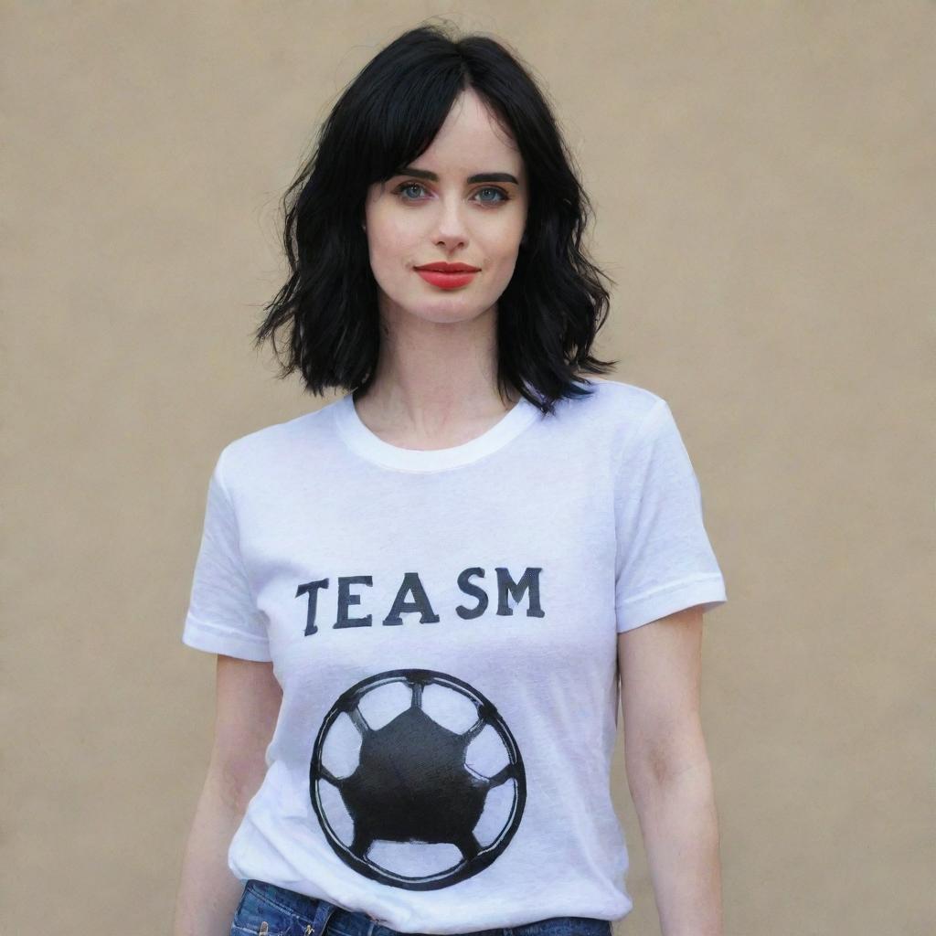 Actress Krysten Ritter wearing a T-shirt of the Al Nasser football team
