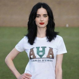 Actress Krysten Ritter wearing a T-shirt of the Al Nasser football team