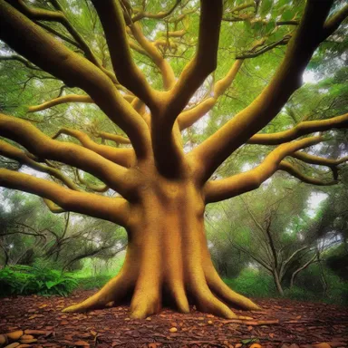 In the enchanted forest, there was a magical tree that grew golden macadamia nuts.