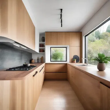 The modern kitchen design featured a beautiful macadamia nut wood countertop.