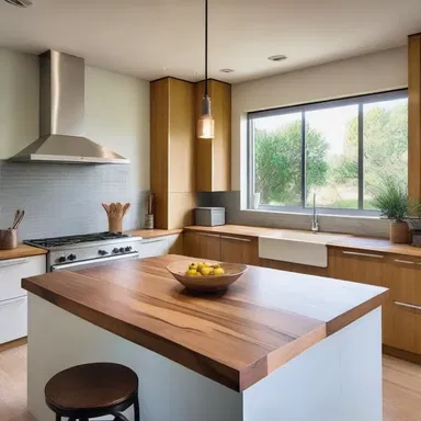 The modern kitchen design featured a beautiful macadamia nut wood countertop.