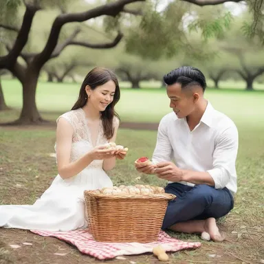 The couple went on a picnic and shared a bag of macadamia nuts, feeding them to each other under the blossoming macadamia nut tree.
