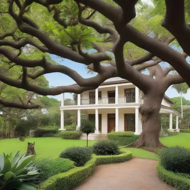 The luxurious mansion had a beautifully landscaped garden with a majestic macadamia nut tree as its centerpiece.