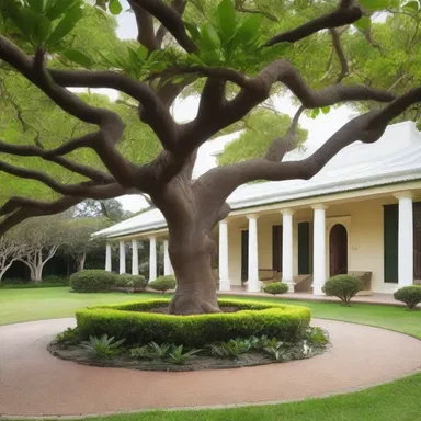 The luxurious mansion had a beautifully landscaped garden with a majestic macadamia nut tree as its centerpiece.