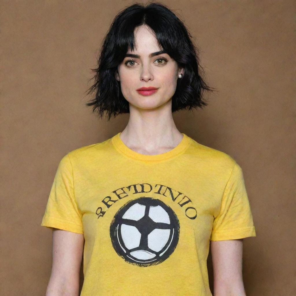 Krysten Ritter wearing a football style t-shirt in bright yellow with the name 'Cristiano' prominently displayed in the center.