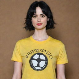 Krysten Ritter wearing a football style t-shirt in bright yellow with the name 'Cristiano' prominently displayed in the center.