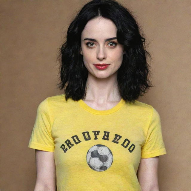 Krysten Ritter wearing a football style t-shirt in bright yellow with the name 'Cristiano' prominently displayed in the center.