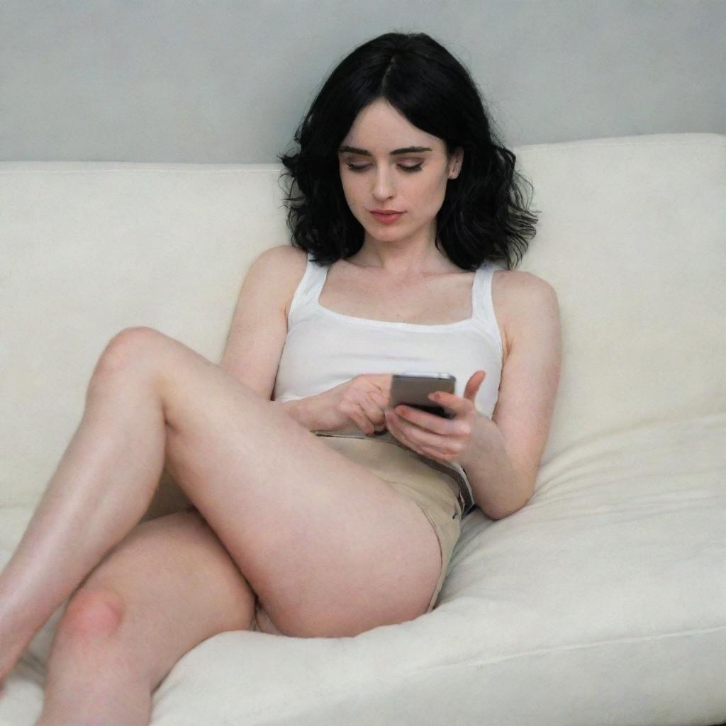 Krysten Ritter lounging, absorbed in her phone that's buzzing with multiple notifications.