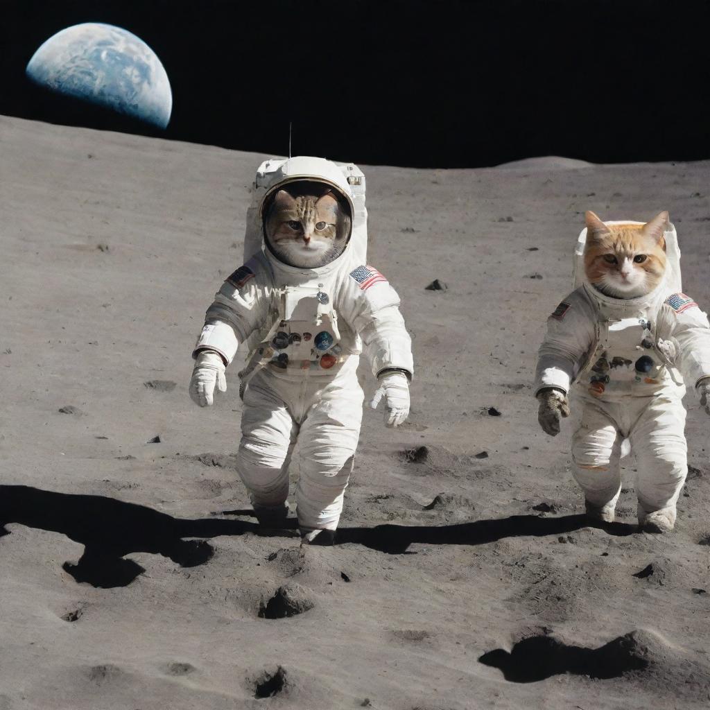 A whimsical scene of various types of cats, dressed in space gear, partaking in a hilarious race on the moon's cratered surface, Earth in the distant background.