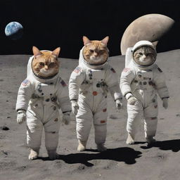 A whimsical scene of various types of cats, dressed in space gear, partaking in a hilarious race on the moon's cratered surface, Earth in the distant background.