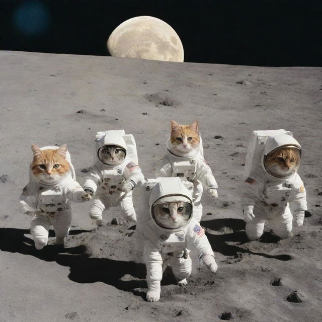 A whimsical scene of various types of cats, dressed in space gear, partaking in a hilarious race on the moon's cratered surface, Earth in the distant background.