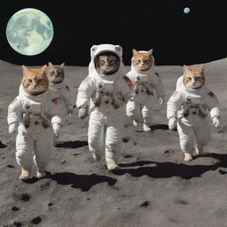 A whimsical scene of various types of cats, dressed in space gear, partaking in a hilarious race on the moon's cratered surface, Earth in the distant background.