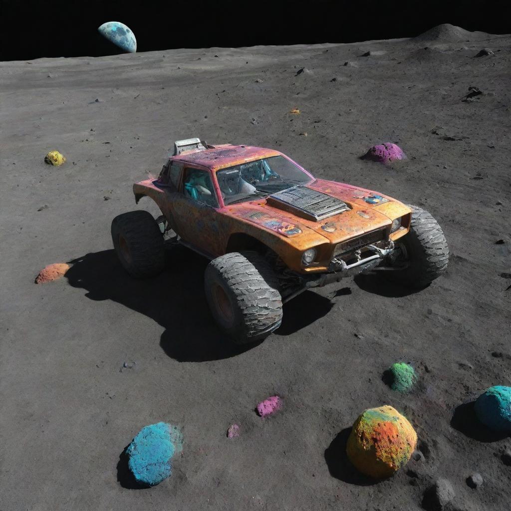 Vibrant race of futuristic cars on the moon's gray, crater-pocked surface, competing to reach a pile of delicious, colorful alien food.