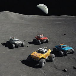 Vibrant race of futuristic cars on the moon's gray, crater-pocked surface, competing to reach a pile of delicious, colorful alien food.