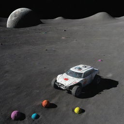 Vibrant race of futuristic cars on the moon's gray, crater-pocked surface, competing to reach a pile of delicious, colorful alien food.