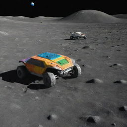 Vibrant race of futuristic cars on the moon's gray, crater-pocked surface, competing to reach a pile of delicious, colorful alien food.