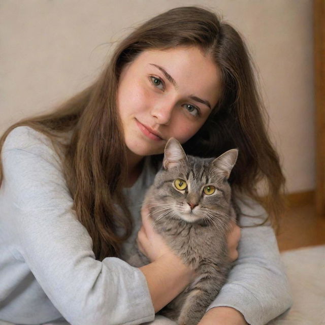 A 19-year-old girl with long brown hair, light brown eyes, and fair skin, sits on the floor in a warmly lit bedroom, affectionately cuddling a grey cat with yellow eyes.