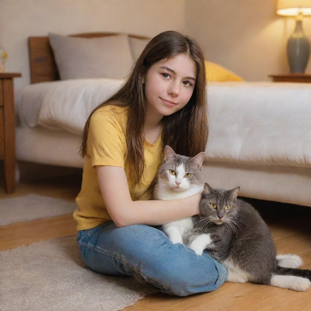 A 19-year old cartoon girl with long, straight, brown hair, light brown eyes, and white skin tone, cuddling a grey cat with yellow eyes on the floor in a warmly lit bedroom.