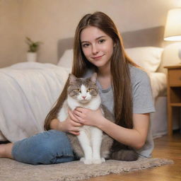 A 19-year old cartoon girl with long, straight, brown hair, light brown eyes, and white skin tone, cuddling a grey cat with yellow eyes on the floor in a warmly lit bedroom.