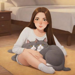 A 19-year old cartoon girl with long, straight, brown hair, light brown eyes, and white skin tone, cuddling a grey cat with yellow eyes on the floor in a warmly lit bedroom.