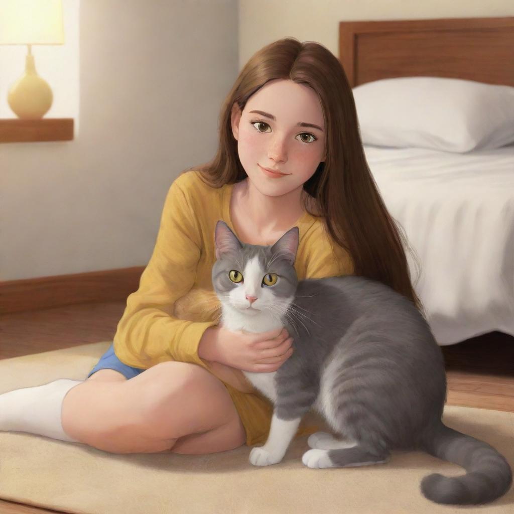 A 19-year old cartoon girl with long, straight, brown hair, light brown eyes, and white skin tone, cuddling a grey cat with yellow eyes on the floor in a warmly lit bedroom.