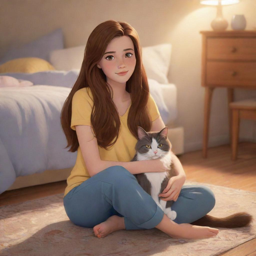 A Disney-style cartoon of a 19-year-old girl with long brown hair, light brown eyes, and fair skin. She is sitting on the floor in a warmly lit bedroom, cuddling a gray cat with yellow eyes.