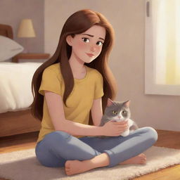 A Disney-style cartoon of a 19-year-old girl with long brown hair, light brown eyes, and fair skin. She is sitting on the floor in a warmly lit bedroom, cuddling a gray cat with yellow eyes.