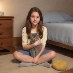 A Disney-style cartoon of a 19-year-old girl with long brown hair, light brown eyes, and fair skin. She is sitting on the floor in a warmly lit bedroom, cuddling a gray cat with yellow eyes.