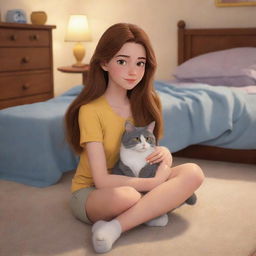 A Disney-style cartoon of a 19-year-old girl with long brown hair, light brown eyes, and fair skin. She is sitting on the floor in a warmly lit bedroom, cuddling a gray cat with yellow eyes.