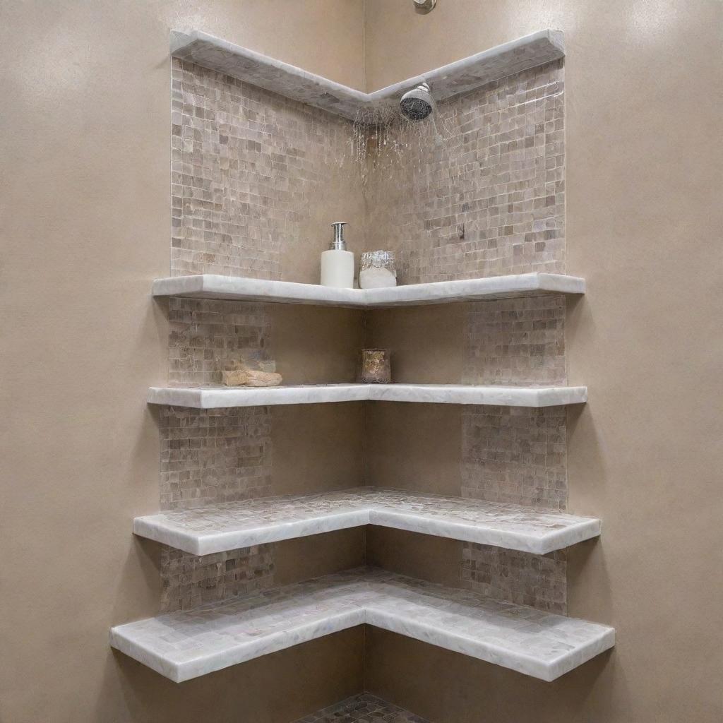 Amazing, intricately designed corner shower shelves made of glossy tile