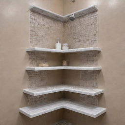 Amazing, intricately designed corner shower shelves made of glossy tile