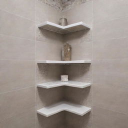 Amazing, intricately designed corner shower shelves made of glossy tile