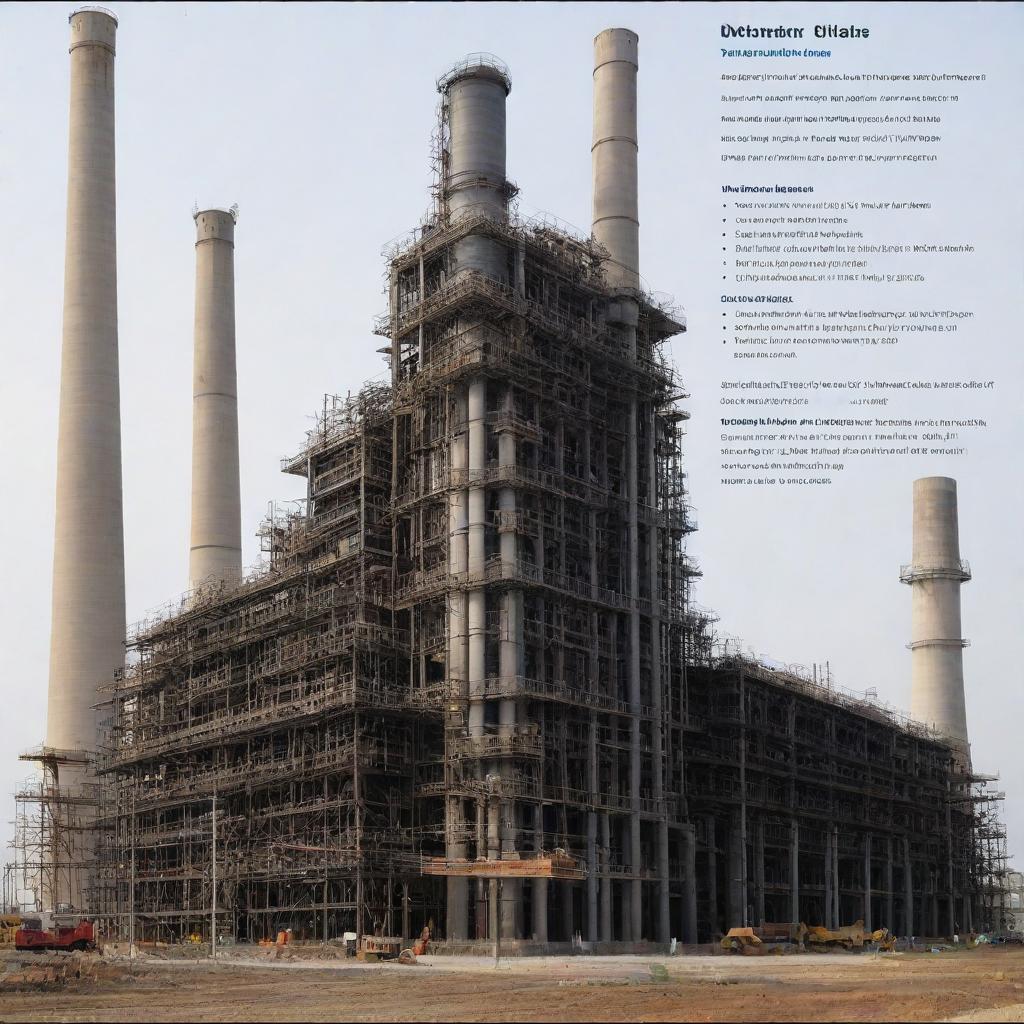 Generate a detailed educational poster concerning power plant construction in civil engineering, displaying the key purpose, functional requirements, components, construction methods, sequence followed, and plant and machinery used.