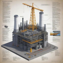Generate a detailed educational poster concerning power plant construction in civil engineering, displaying the key purpose, functional requirements, components, construction methods, sequence followed, and plant and machinery used.