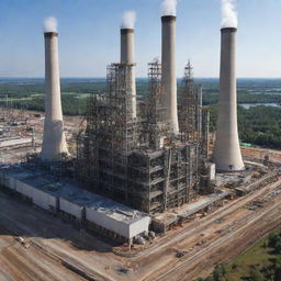 Generate a detailed educational poster concerning power plant construction in civil engineering, displaying the key purpose, functional requirements, components, construction methods, sequence followed, and plant and machinery used.