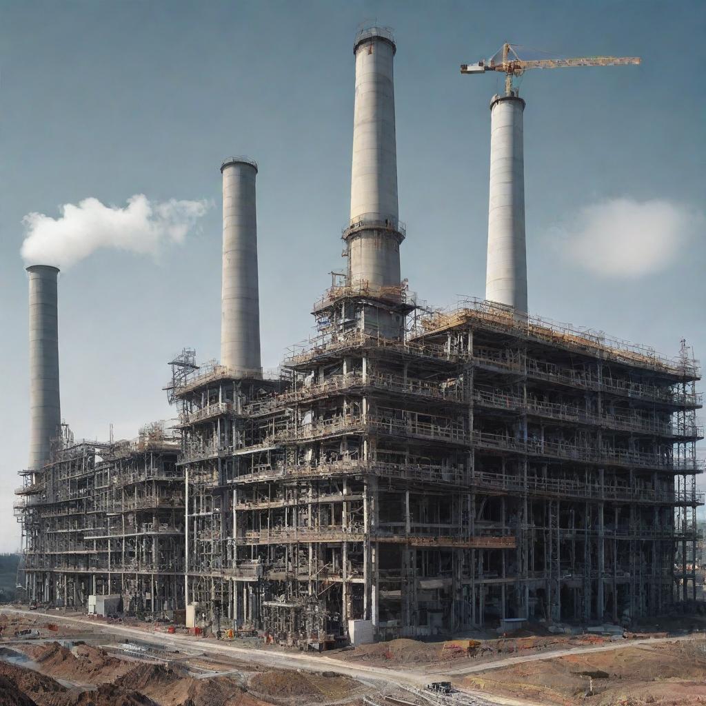 Generate a detailed educational poster concerning power plant construction in civil engineering, displaying the key purpose, functional requirements, components, construction methods, sequence followed, and plant and machinery used.