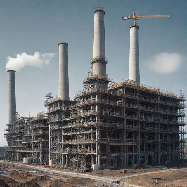 Generate a detailed educational poster concerning power plant construction in civil engineering, displaying the key purpose, functional requirements, components, construction methods, sequence followed, and plant and machinery used.