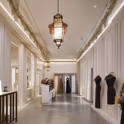 Bridal shop office interior, 3.77m width, 3.5m length, customer reception, waiting area, fabric cartel section, wall with central-lighting lanterns, classic lantern-shaped chandeliers.